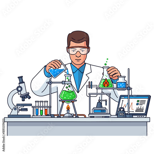 Scientist conducting experiment with colorful liquids in laboratory glassware and equipment