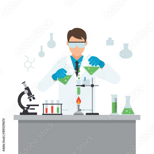 Scientist conducting experiment in laboratory with microscope and glassware