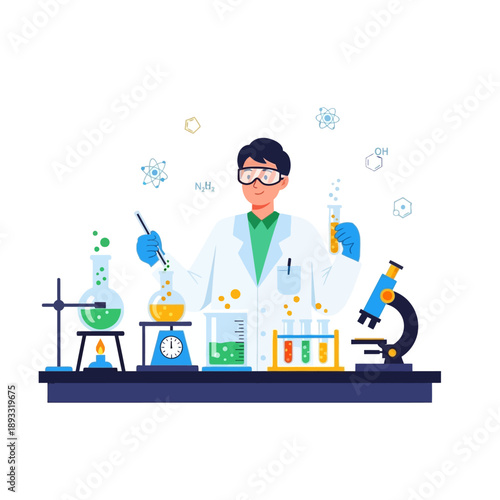 Scientist Conducting Chemical Experiment in Laboratory with Equipment