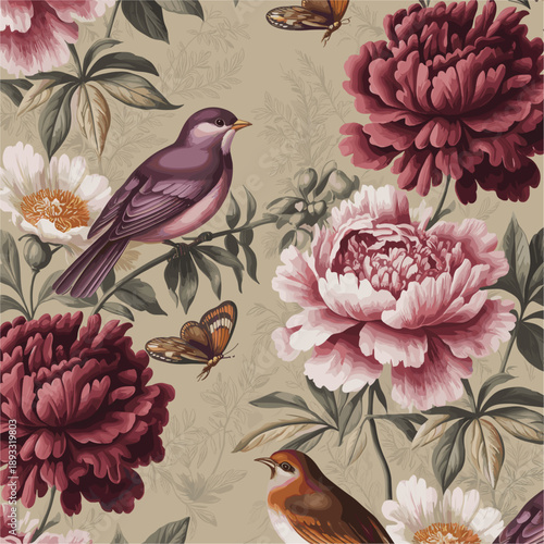 Vintage seamless pattern showcasing rich burgundy and soft pink peonies, detailed birds, and orange butterflies amidst lush foliage on a neutral background