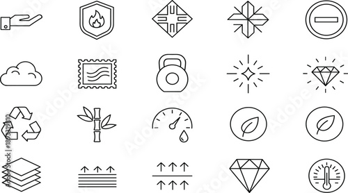 Title (20 Words) Fabric properties and material features vector icon set, featuring waterproof, fireproof, eco friendly, breathable, and textile symbols in outline.