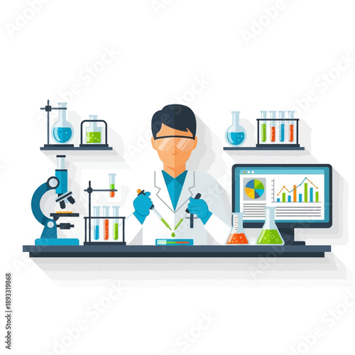 Scientist Conducting Experiment in Laboratory with Equipment, Microscope and Computer