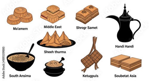 Vibrant selection of traditional Middle Eastern and Asian sweet and savory dishes.