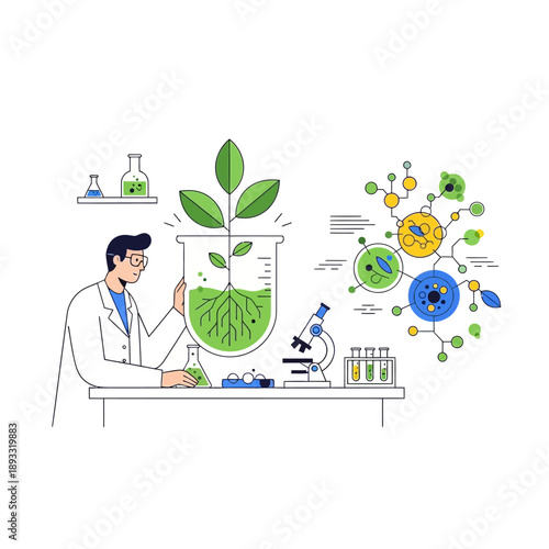Scientist watering plant in lab with microscope 