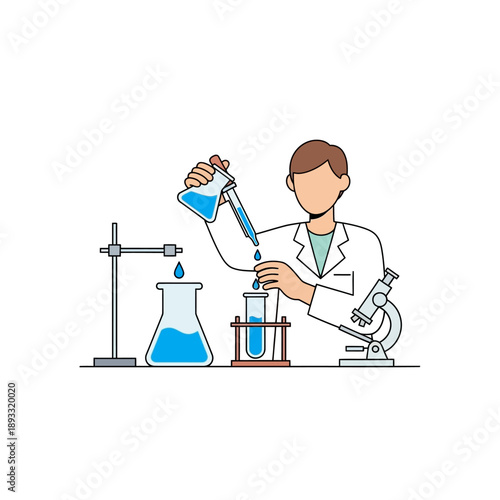 Scientist conducting experiment with liquid in laboratory glassware and microscope