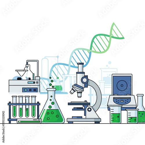 Science Laboratory Equipment and DNA Helix Illustration