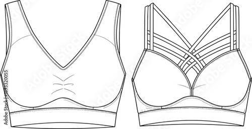 Women V Neck Strappy Sports Bra Fashion Flat Sketch Vector Illustration, Multi Strap Activewear Top Technical Drawing for Apparel Design Workout and Manufacturing,
