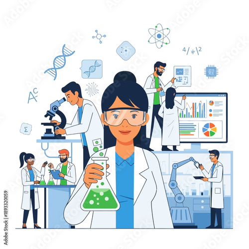 Diverse scientists in lab coats conduct research with microscopes, data analysis, and robotics.