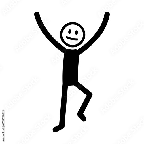 Simple black stick figure with smiley face jumping in joy.