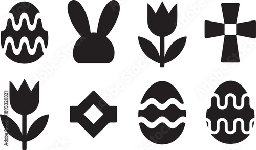 Black silhouettes of Easter themed symbols like eggs, bunny ears, tulips, and a Christian cross