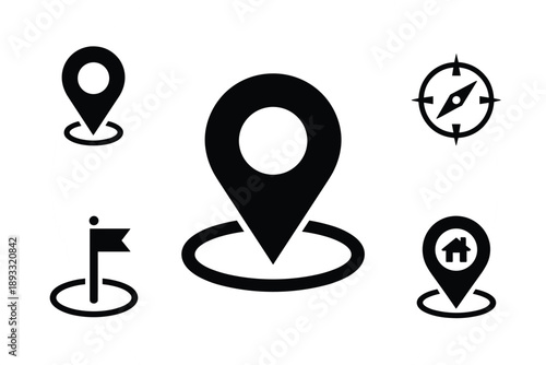 Set of black minimalist navigation icons featuring map pointers compass and location pin isolated on grey background for web and app design
