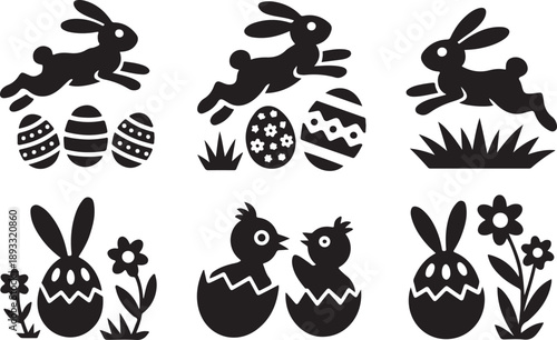 Black silhouettes of Easter bunnies, decorated eggs, and baby chicks hatching for holiday designs