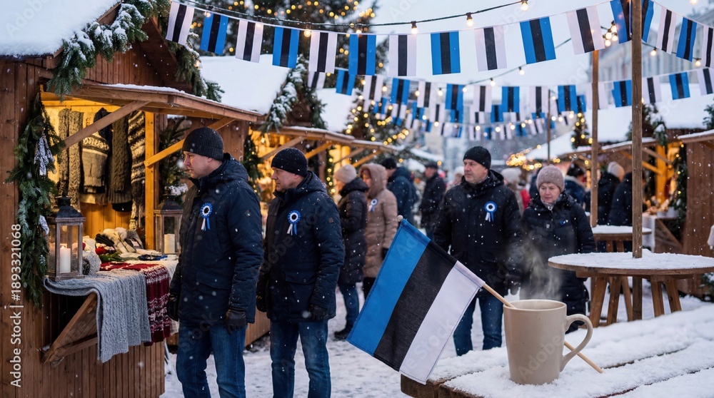 Naklejka premium Winter market with Estonian flags and hot drinks in snow