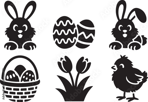 Charming collection of black Easter bunny chick egg tulip and basket simple silhouettes