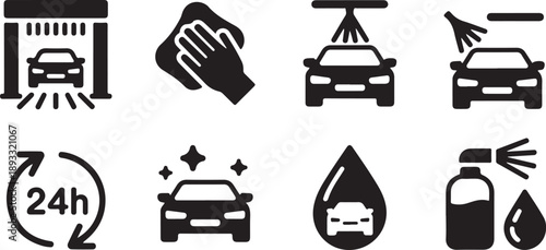 Collection of black silhouette icons depicting various stages and services of a modern car washing process