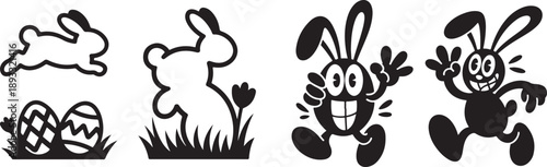 Cute black silhouette bunnies and Easter eggs with grass details appear ready for celebration