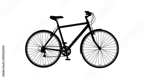 A stark silhouette of a classic bicycle is presented against a clean white background highlighting its form