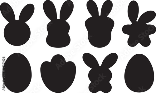 Eight black silhouettes featuring unique Easter bunny head shapes and decorated eggs