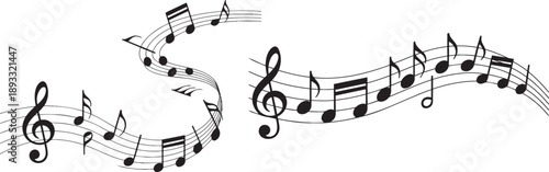 Elegant black musical notes and staves gracefully flowing across a clean white background in two arrangements