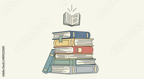 Stack of Books with Open Book Above.