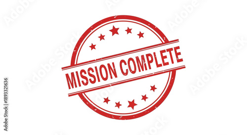 A vibrant red circular stamp announces mission complete with a white banner and surrounding stars high quality professional