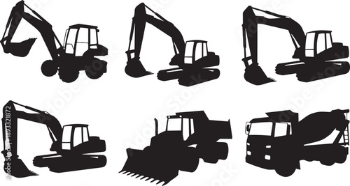 Silhouettes of heavy construction vehicles like excavators, a dump truck, and a cement mixer in solid black