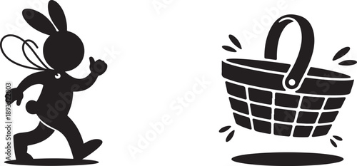 Simple black silhouette illustrations of an Easter bunny hopping alongside a floating picnic basket