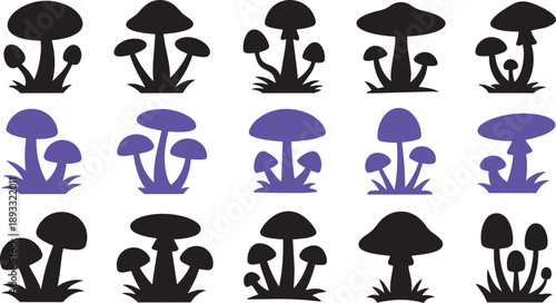 Silhouettes of various mushroom clusters in black and purple tones against a plain white field