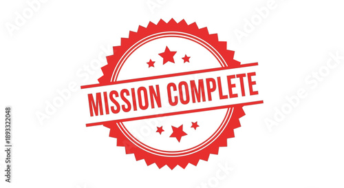 A vibrant red circular badge proclaims mission complete in bold white lettering featuring star accents high quality professional