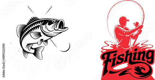 Two distinct fishing logos one featuring a bass with hooks and another a fisherman casting a rod