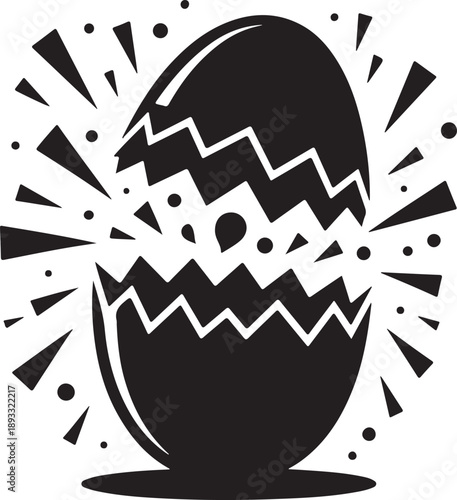 A bold black and white illustration of an egg cracking open with energetic fragments spreading outwards