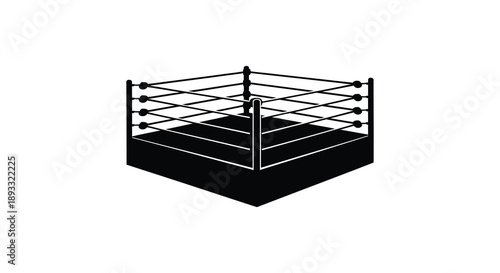 A stark black and white illustration depicts an empty boxing ring showcasing ropes and corner posts high quality professional detailed