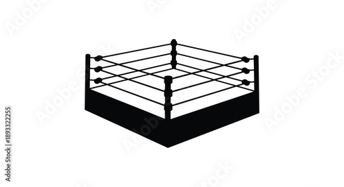 A minimalist black and white illustration depicts a professional wrestling ring from an isometric perspective high quality detailed