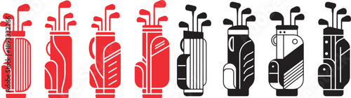 A collection of golf bags filled with clubs in various styles and colors