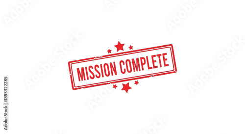 A rectangular red stamp displays the phrase mission complete surrounded by small five pointed stars high quality professional detailed