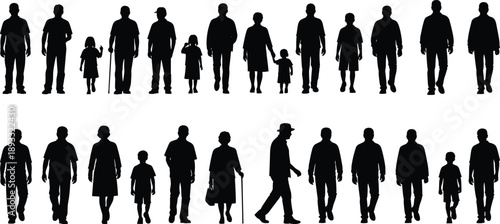 Human silhouettes collection, people walking standing poses, men women children elderly figures, black shadow icons, isolated on white background