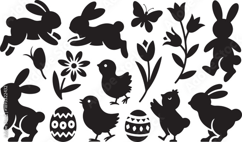 A delightful collection of black silhouettes showcasing various Easter and spring elements