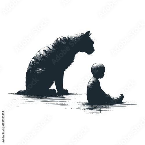 Silhouette of a tiger and a child