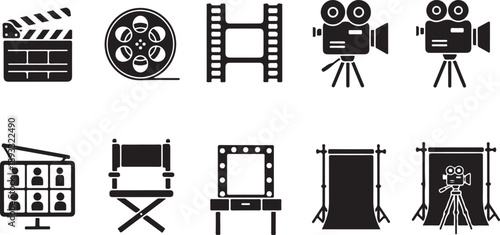Film Production Icons Set: Clapperboard, Film Reel, Camera, Director's Chair, Makeup Mirror, Studio Setup Isolated on white background