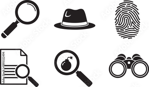Detective Icons: Magnifying Glass, Hat, Fingerprint, Document, Bomb, Binoculars Isolated on white background