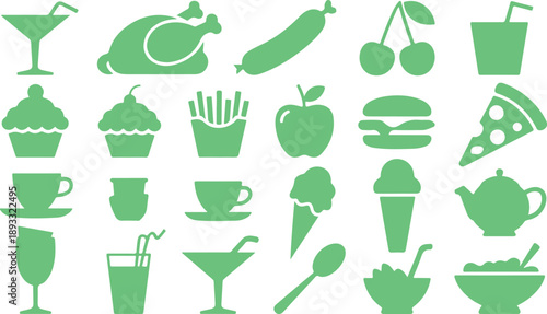A large assortment of various green food and beverage icons including drinks, meals, and desserts