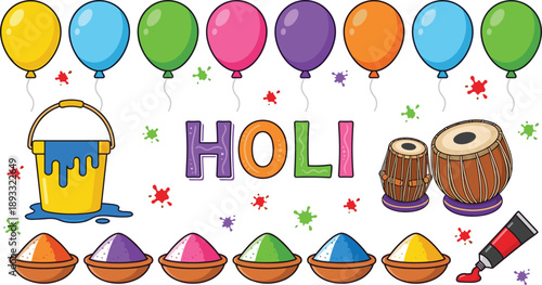 Colorful Holi festival illustration featuring paint splashes, balloons, drums, powder bowls, and festive decorations celebrating Indian culture and joyful spring traditions.
