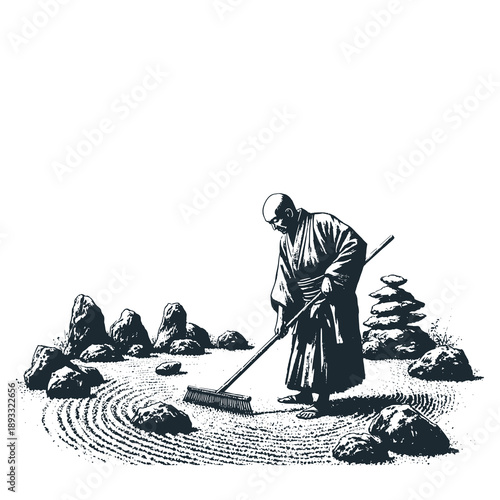 A Zen monk sweeping the garden. Japan in the past.