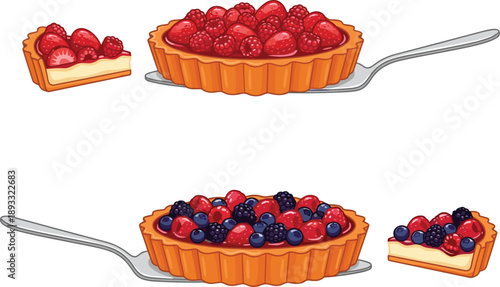 Fruit tart and slice illustration featuring mixed berries, creamy filling, and serving utensils in a colorful dessert-themed vector design for bakery and food content.
