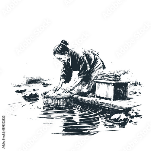 Japanese woman in kimono washing her clothes in the river