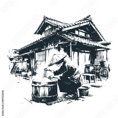 A Japanese woman prepares rice by rinsing grains in a wooden bucket beside the house.