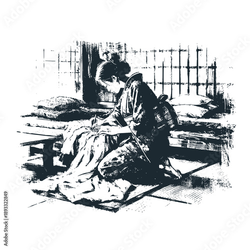 Japanese woman in kimono sewing her clothes