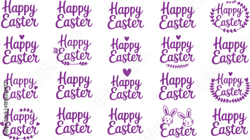 A vibrant collection of purple Happy Easter lettering designs and calligraphic typography elements