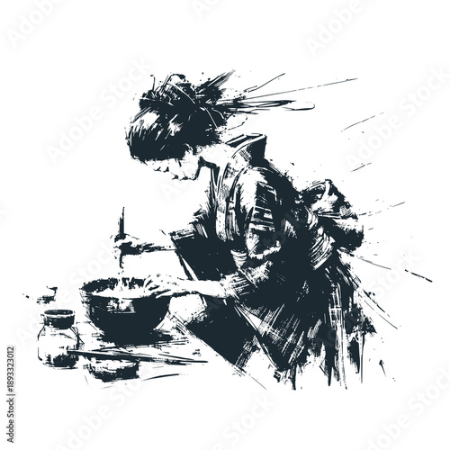 Japanese woman stirring rice porridge