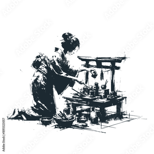 Japanese woman in kimono is preparing offerings